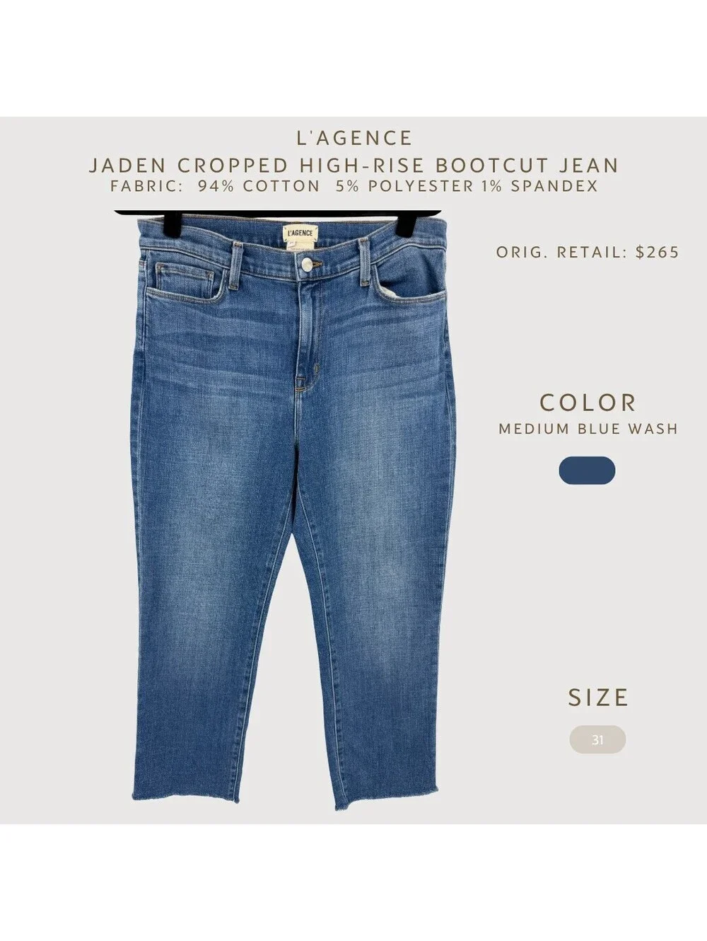 L'AGENCE Jaden High Rise Cropped Bootcut Jeans 31